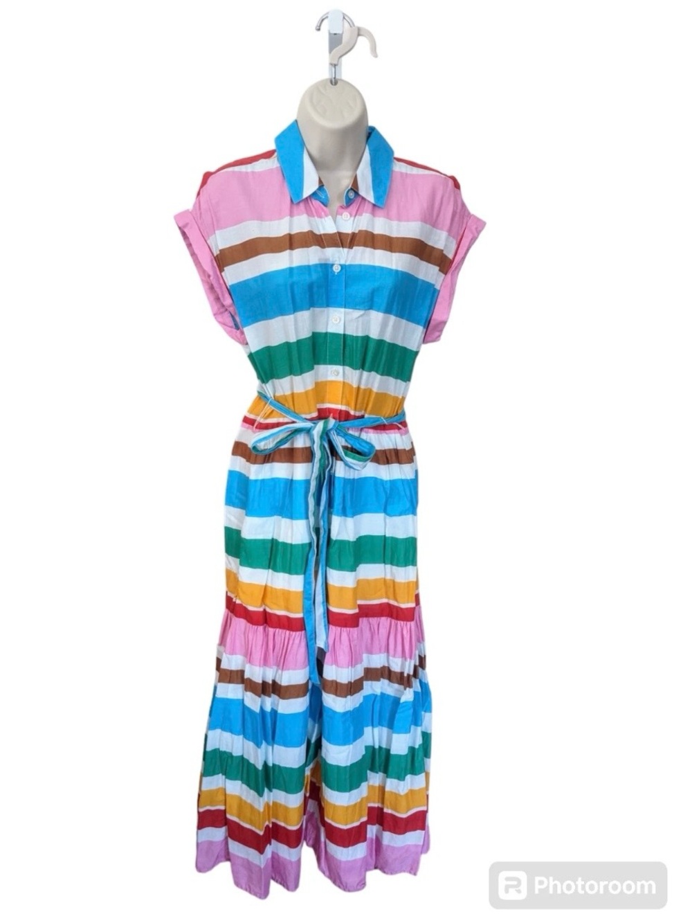 J Crew Rainbow Striped Tiered Maxi Shirt Dress 100% Cotton Belted Sundress 6